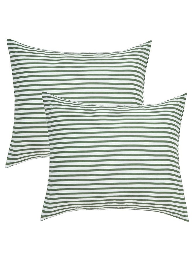 JELLYMONI 100% Natural Cotton Striped Standard Pillowcases Set, 2 Pack White and Green Stripes Pattern Printed Pillow Covers with Envelope Closure(Pillows are not Included) - Image 1