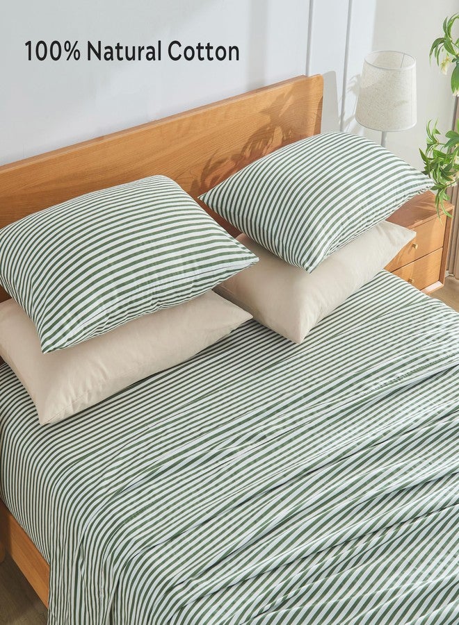 JELLYMONI 100% Natural Cotton Striped Standard Pillowcases Set, 2 Pack White and Green Stripes Pattern Printed Pillow Covers with Envelope Closure(Pillows are not Included) - Image 3