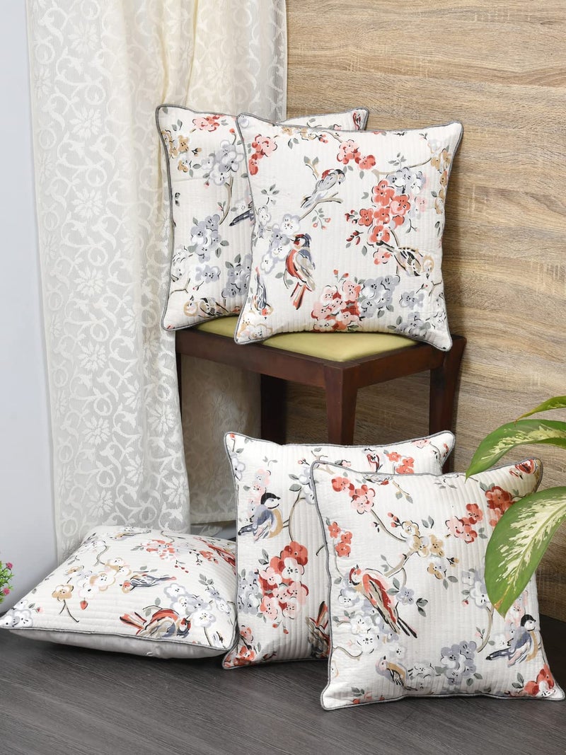 Clasiko Cushion Covers Set of 5 White & Grey with Quilting; Cotton Fabric; 24X24 Inches; Color Fastness Guarantee 16477, 250 TC - Image 2