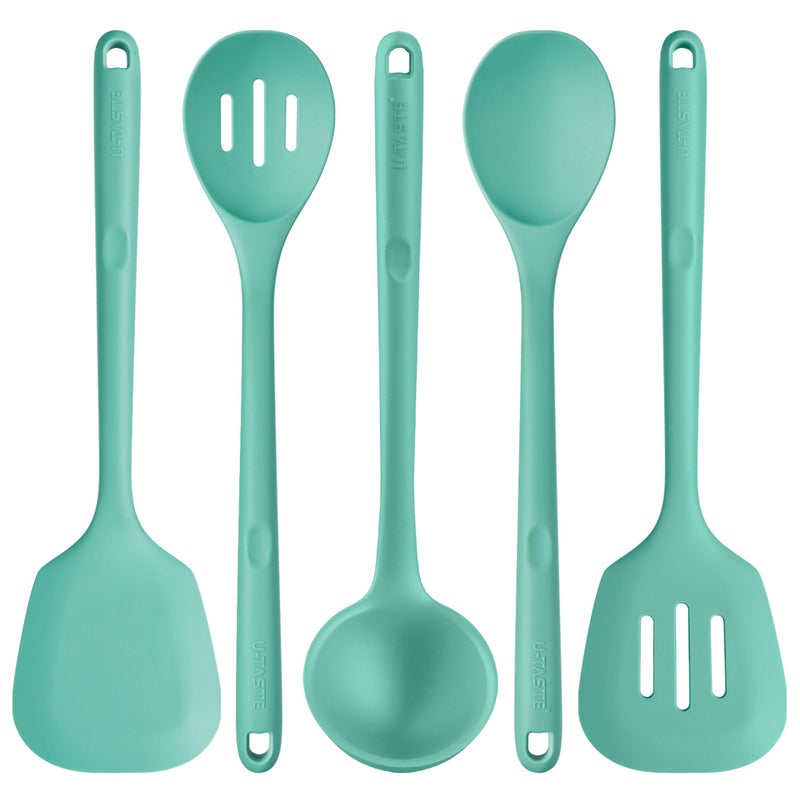 U-Taste 600ºF Heat Resistant Kitchen Utensil: U-Taste 13.6" Extra Long Silicone Cooking Tools Set, Food-Grade Non-Stick Solid and Slotted Turner Spatula, Mixing Spoon, and Soup Ladle (5 Pieces, Aqua Sky) - Image 1