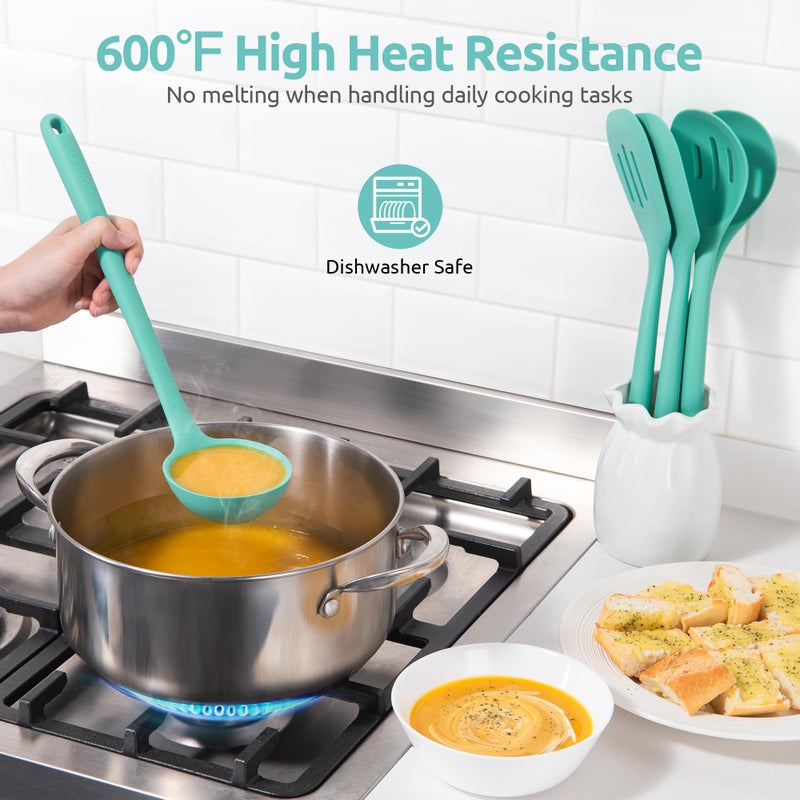U-Taste 600ºF Heat Resistant Kitchen Utensil: U-Taste 13.6" Extra Long Silicone Cooking Tools Set, Food-Grade Non-Stick Solid and Slotted Turner Spatula, Mixing Spoon, and Soup Ladle (5 Pieces, Aqua Sky) - Image 3