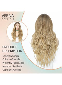 Verna VERNA Blonde Wavy Wig with Bangs for Women, 26 Inch Long Blonde Wigs with Bangs for Women, Natural Looking Curly Blonde Wig, Heat Resistant Synthetic Wig, Middle Part Ombre Blonde Wavy wig for Daily  - Image 2