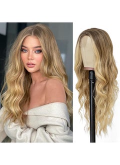 Verna VERNA Blonde Wavy Wig with Bangs for Women, 26 Inch Long Blonde Wigs with Bangs for Women, Natural Looking Curly Blonde Wig, Heat Resistant Synthetic Wig, Middle Part Ombre Blonde Wavy wig for Daily  - Image 1
