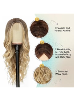 Verna VERNA Blonde Wavy Wig with Bangs for Women, 26 Inch Long Blonde Wigs with Bangs for Women, Natural Looking Curly Blonde Wig, Heat Resistant Synthetic Wig, Middle Part Ombre Blonde Wavy wig for Daily  - Image 3