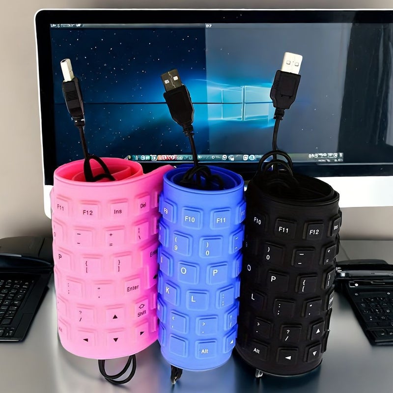 لوحة مفاتيح سيليكونية قابلة للطي، سلكية، محمولة للسفر، USB، هادئة عند الكتابة، ناعمة الملمس، زرقاء، لأجهزة الكمبيوتر المحمولة واللابتوب. - Image 1