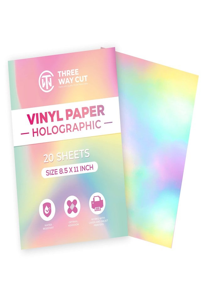 THREE WAY CUT Holographic Vinyl Sticker Paper 20 Sheets 8.5 x 11" Waterproof Printable Paper for Inkjet & Laser Printer, Dries Quickly, Self Adhesive, Cut with Silhouette Rainbow Sticker Printing - Image 1