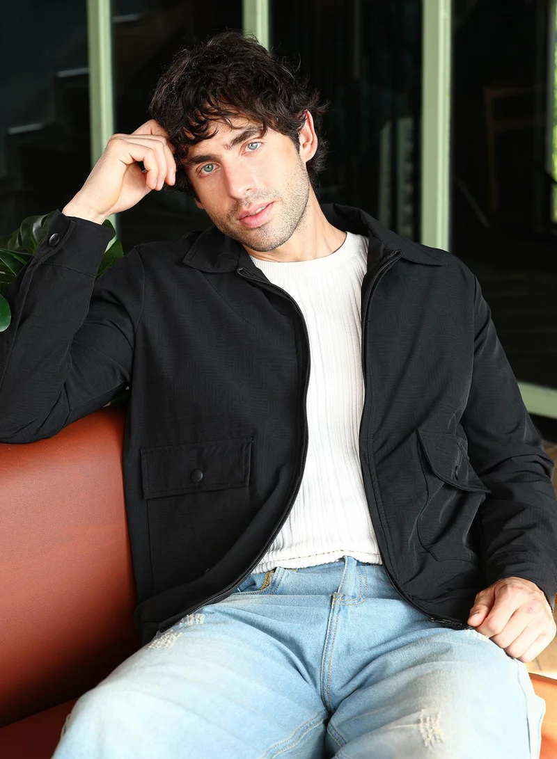 Campus Sutra Men Zip-Front Geometric-Jacquard Jacket | Point Collar, Long Button-Cuff Sleeves | Zipper , Ribbed-Straight Hem | Geometric Jacquard | Woven Fabric For Casual & Daily Wear | Obsidian Black