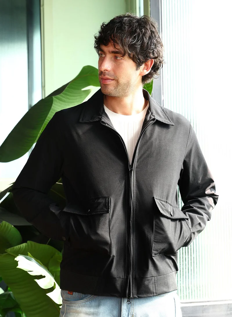 Campus Sutra Men Zip-Front Geometric-Jacquard Jacket | Point Collar, Long Button-Cuff Sleeves | Zipper , Ribbed-Straight Hem | Geometric Jacquard | Woven Fabric For Casual & Daily Wear | Obsidian Black