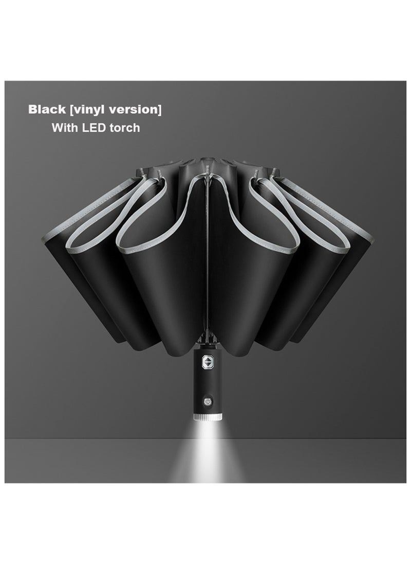 Generic 23 inch Automatic Umbrella With LED Flashlight and reflective edges- Big Windproof Reverse Folding Umbrella, UV Protection Travel Lightweight Sun  Rain Umbrellas Portable Parasol - Black  - Image 1