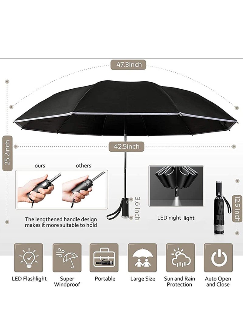 Generic 23 inch Automatic Umbrella With LED Flashlight and reflective edges- Big Windproof Reverse Folding Umbrella, UV Protection Travel Lightweight Sun  Rain Umbrellas Portable Parasol - Black  - Image 4