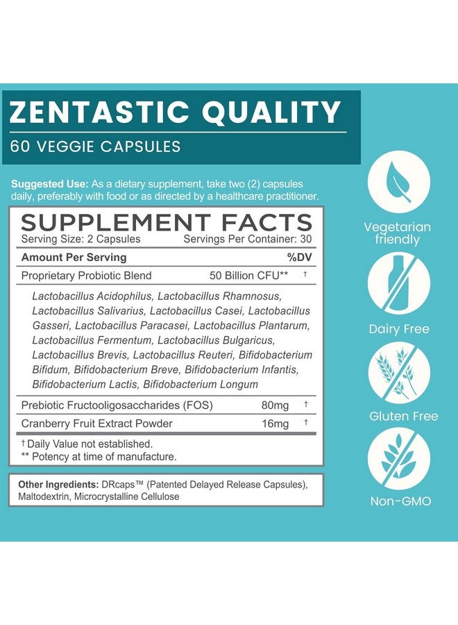 Zentastic Probiotics & Prebiotics Supplement - 50 Billion CFU - for Men & Women’s Immune & Digestive Health - 16 Strains - Shelf Stable - 120 Delayed Release Veggie Capsules - Image 2