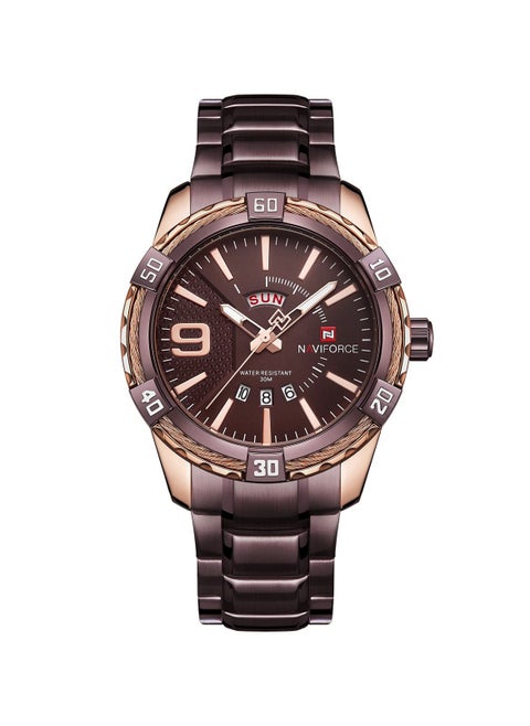 Stylish Mens Quartz Watch with Coffee Brown Dial Stainless Steel Strap Analog Display Water Resistant 30M Date Function Elegant and Durable Timepiece
