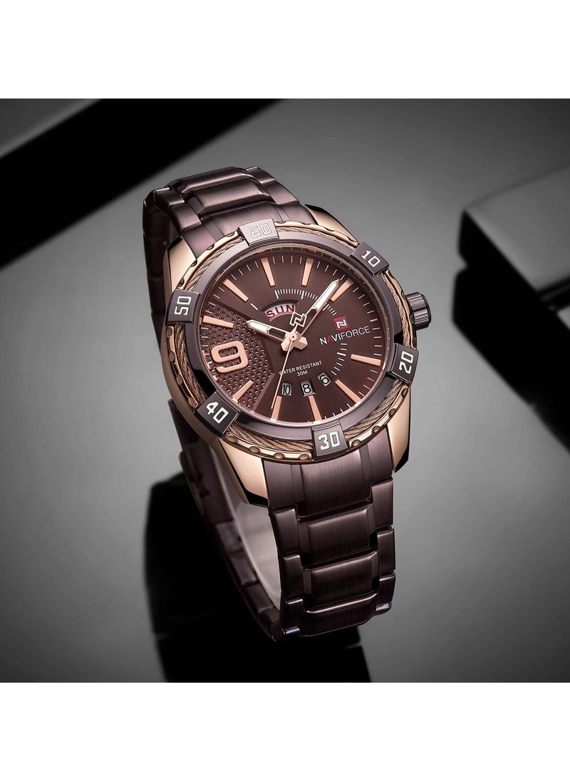 Stylish Mens Quartz Watch with Coffee Brown Dial Stainless Steel Strap Analog Display Water Resistant 30M Date Function Elegant and Durable Timepiece