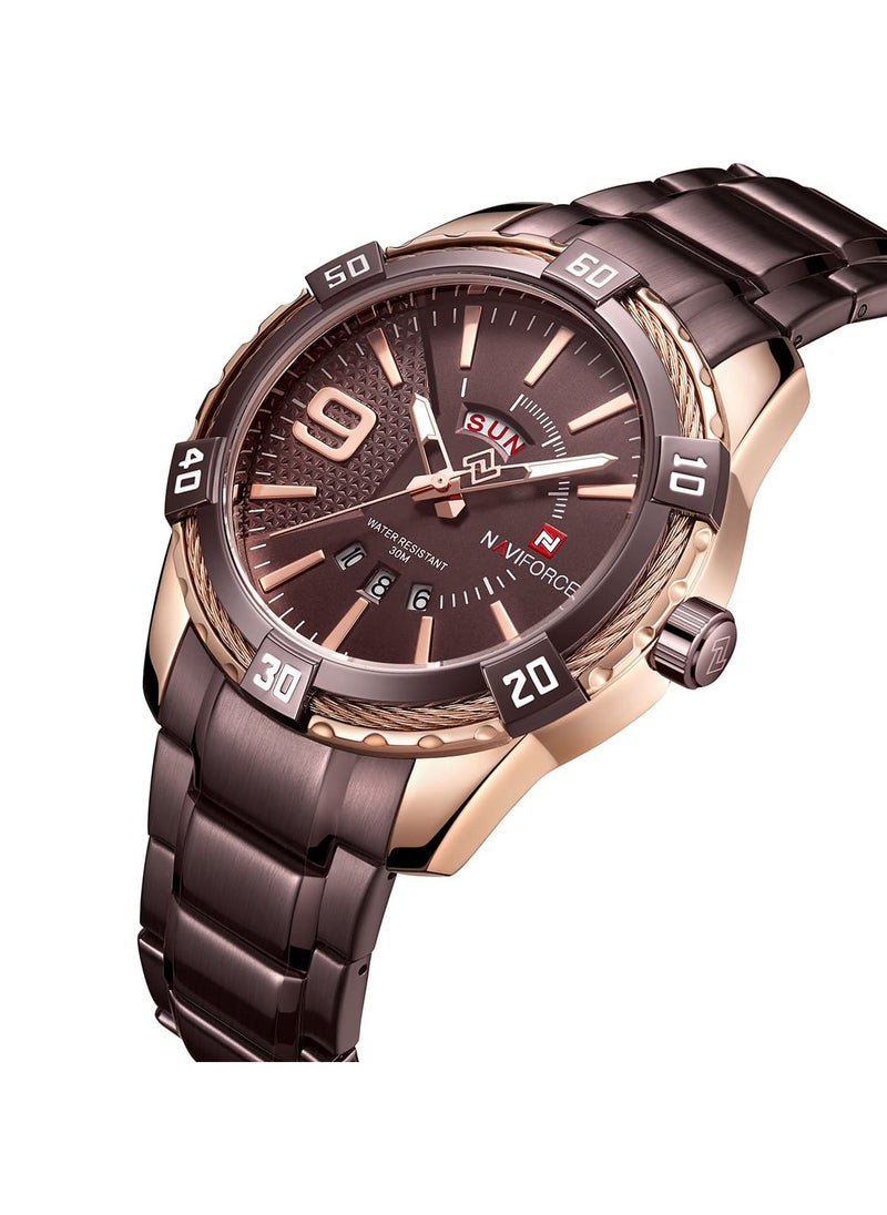Stylish Mens Quartz Watch with Coffee Brown Dial Stainless Steel Strap Analog Display Water Resistant 30M Date Function Elegant and Durable Timepiece