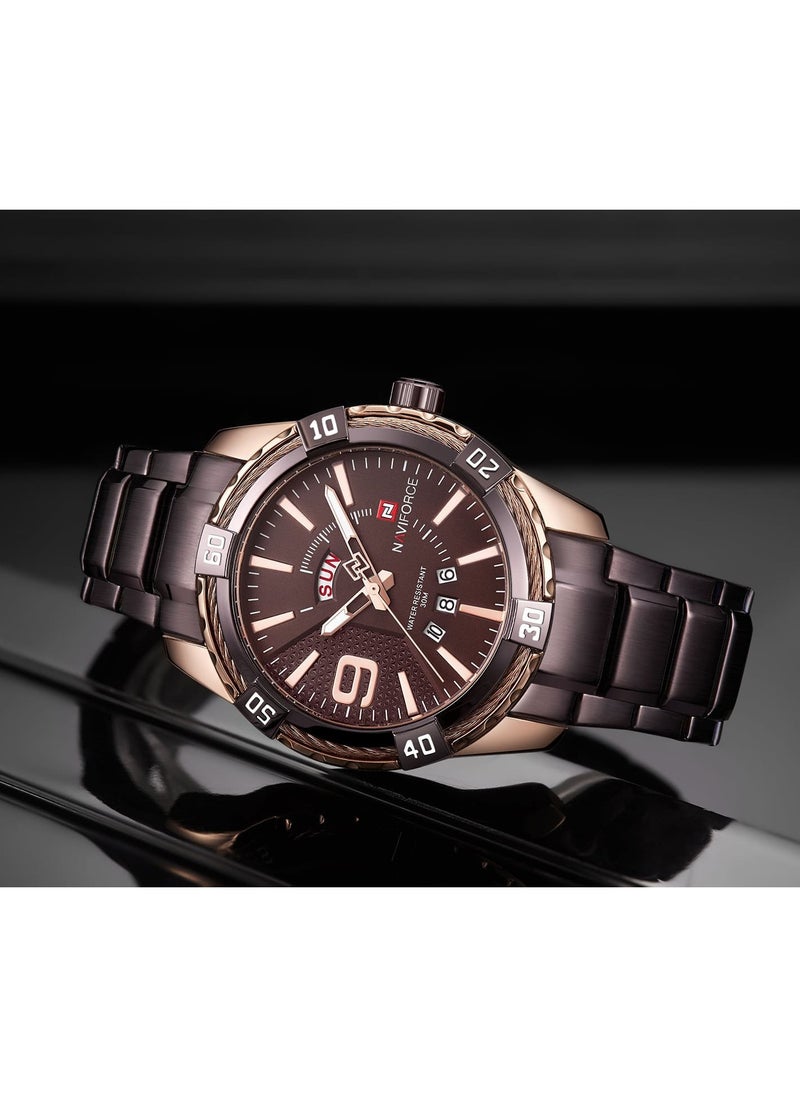 Stylish Mens Quartz Watch with Coffee Brown Dial Stainless Steel Strap Analog Display Water Resistant 30M Date Function Elegant and Durable Timepiece