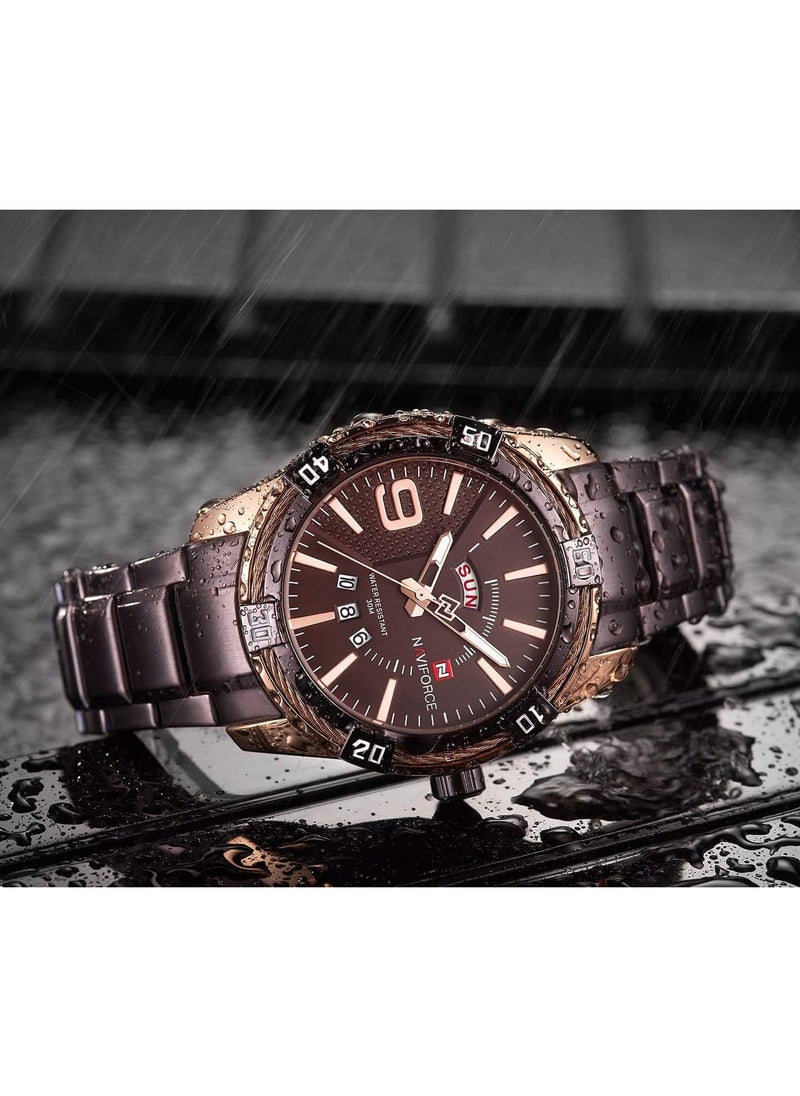 Stylish Mens Quartz Watch with Coffee Brown Dial Stainless Steel Strap Analog Display Water Resistant 30M Date Function Elegant and Durable Timepiece