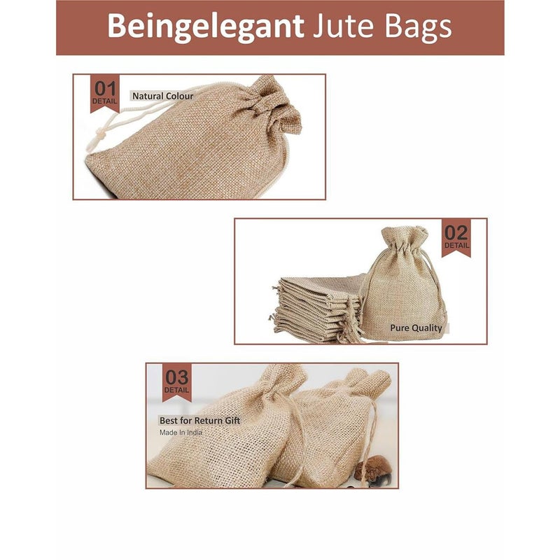 Beingelegant أكياس جوت لينين أنيقة 10X14 سم - عبوة من 10 - الأفضل لعيد الديوالي، عيد الميلاد وهدايا حفلات|الأفضل لحفلات استقبال المواليد، شاجون، عيد الميلاد، هدايا الذكرى السنوية|أكياس هدايا العودة (جوت طبيعي) - Image 3