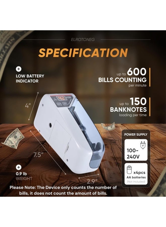 CRONY V30 Portable Money Detector & Counter – 600 Notes/Min Speed, 200pcs Hopper & Stacker, UV Detection Technology, Built-In LED Display, Automatic Money Detection, Compact & Lightweight (400g), Rechargeable Battery, AC 100-240V/DC 12V Power – Perfect For Cash Handling At Home, Office, Retail, Banks, And Small Businesses - Image 4