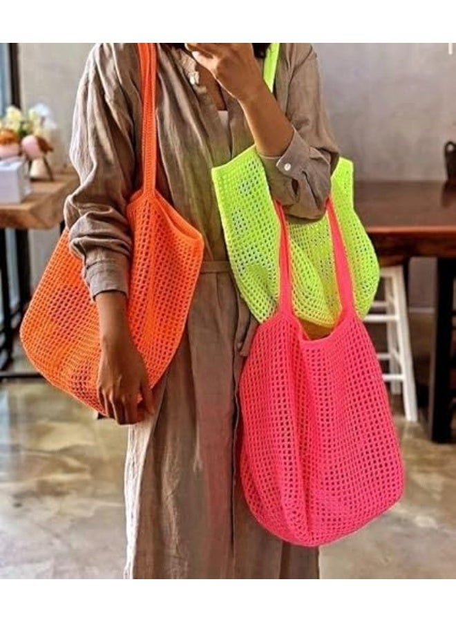 حقيبة كتف نسائية خفيفة الوزن مصنوعة يدويًا من شبكة منسوجة حقيبة شاطئ صيفية (أخضر نيون) - Image 4