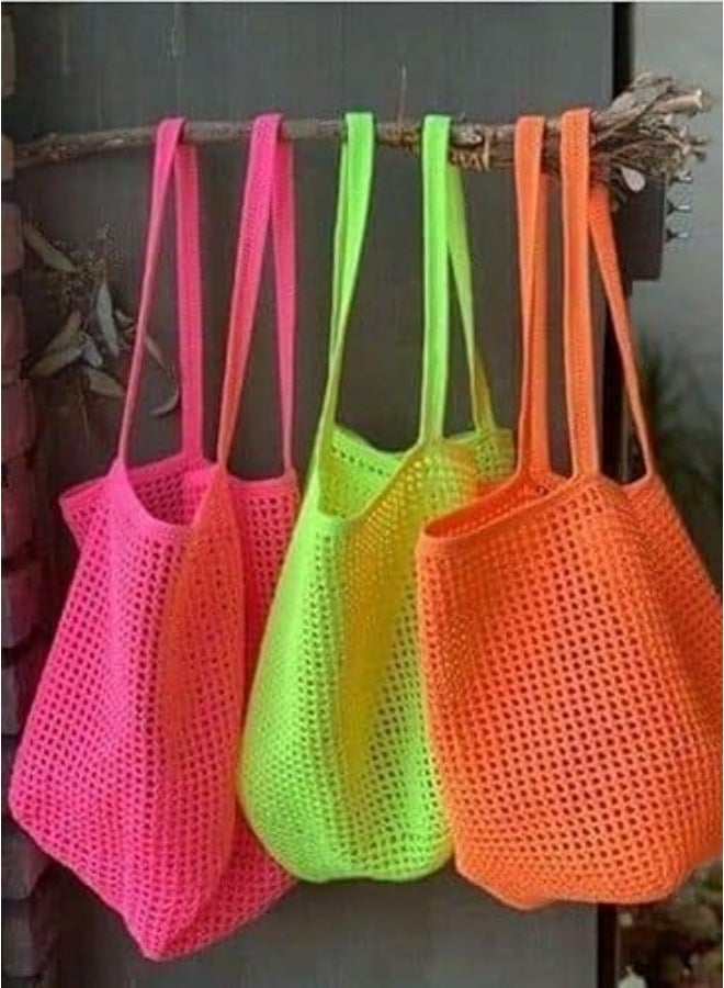 حقيبة كتف نسائية خفيفة الوزن مصنوعة يدويًا من شبكة منسوجة حقيبة شاطئ صيفية (أخضر نيون) - Image 3