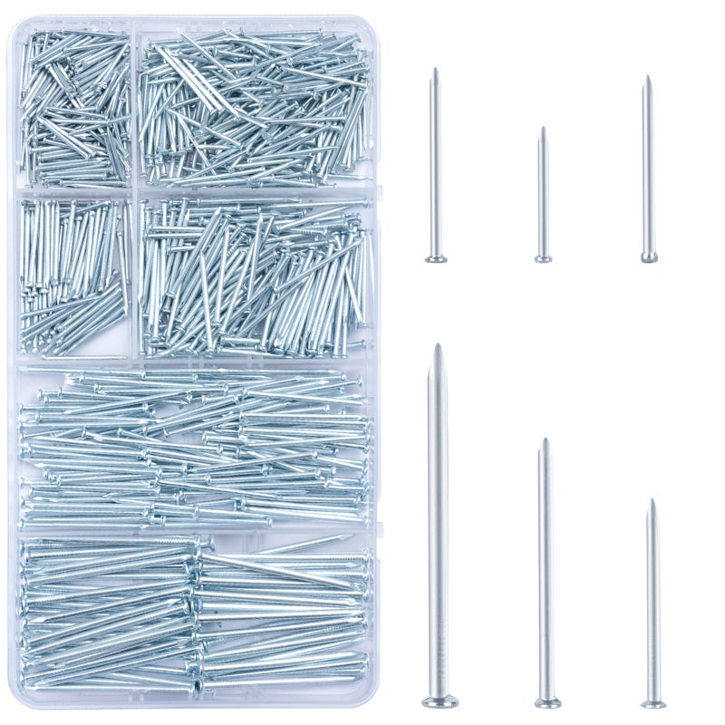 KURUI 700pcs Hardware Nails for Hanging Pictures, Up to 2"-Long Finish Nails Assortment Kit for Wall Art Decor, 640 Frame Nails and 60 Small Finishing Nails for Drywall Wood - Silver Picture Hangers - Image 1