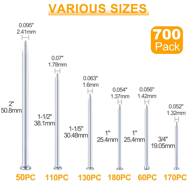 KURUI 700pcs Hardware Nails for Hanging Pictures, Up to 2"-Long Finish Nails Assortment Kit for Wall Art Decor, 640 Frame Nails and 60 Small Finishing Nails for Drywall Wood - Silver Picture Hangers - Image 2