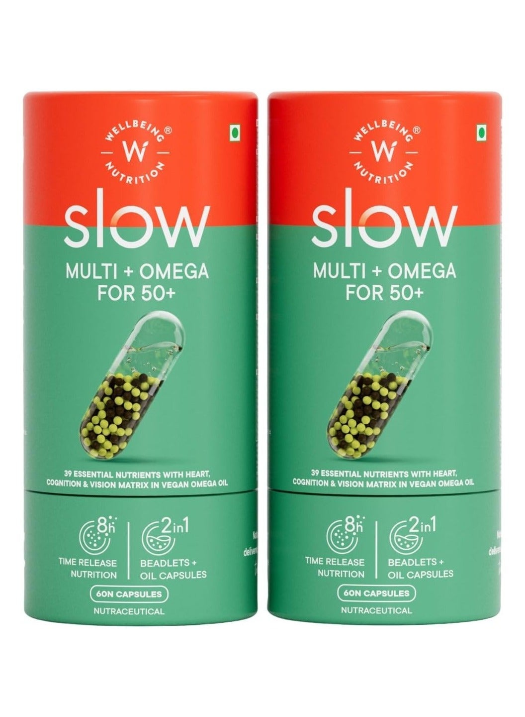Multi + Omega Adult 50+ | Vitamin D3, Calcium, Iron, Amino Acids & 39 Nutrients in Vegan Omega Oil | Energy & Metabolism, Bone, Joint & Heart Health | 60 Veg Capsules (Pack of 2)