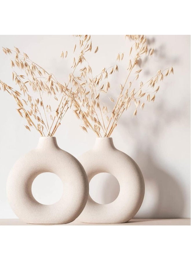 Ceramic Shop White Ring Vase | Flower Vase | Pampas Grass Vase | Ceramic Vase | Round Shaped Vase | Home Decor Centrepiece | Decor Showpiece Donut Vase - (Set Of 2) 8 And 8 Inches 