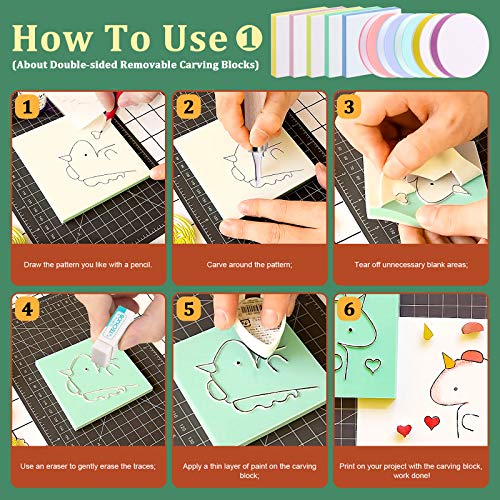 Keadic 24 Pieces Block Printing Starter Tool Kit, Rubber Stamps Making Set with Round & Square Rubber Carving Blocks, Linoleum Cutter Tools & Grindstone for Stamp Carving and Printmaking - Image 5