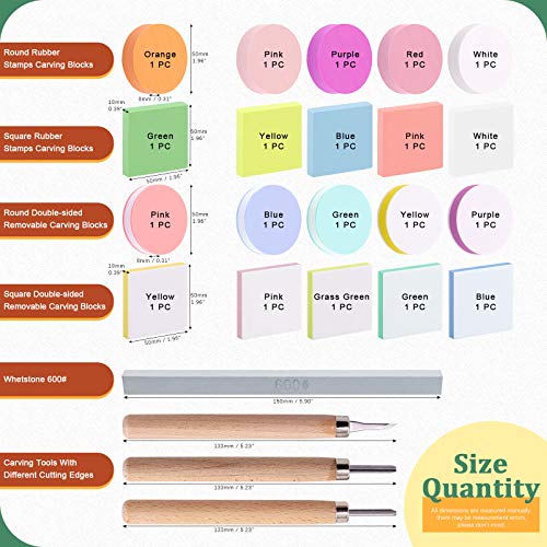 Keadic 24 Pieces Block Printing Starter Tool Kit, Rubber Stamps Making Set with Round & Square Rubber Carving Blocks, Linoleum Cutter Tools & Grindstone for Stamp Carving and Printmaking - Image 2