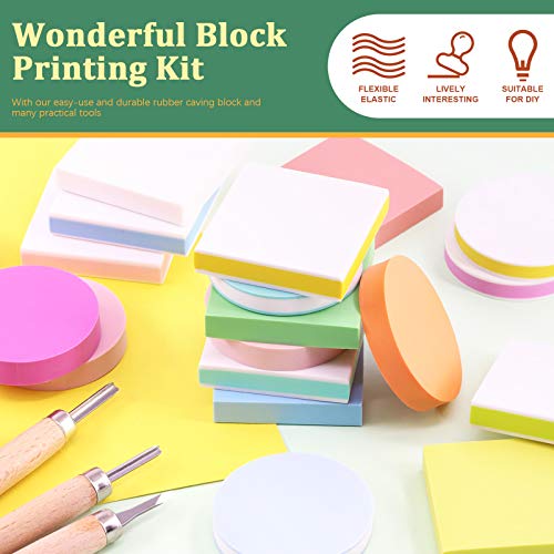 Keadic 24 Pieces Block Printing Starter Tool Kit, Rubber Stamps Making Set with Round & Square Rubber Carving Blocks, Linoleum Cutter Tools & Grindstone for Stamp Carving and Printmaking - Image 3
