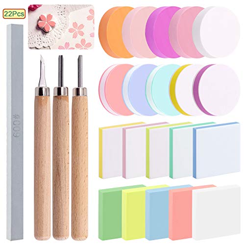 Keadic 24 Pieces Block Printing Starter Tool Kit, Rubber Stamps Making Set with Round & Square Rubber Carving Blocks, Linoleum Cutter Tools & Grindstone for Stamp Carving and Printmaking - Image 1