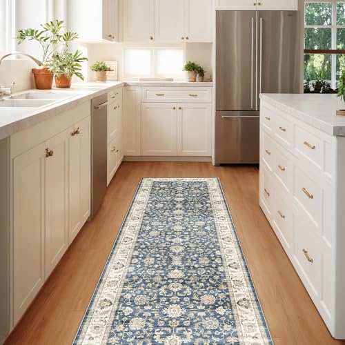 WITSHOCK 2x6 Runner Rugs for Hallway Bathroom Machine Washable Non Slip Vintage Carpet Low Pile Lightweight Print Rug for Kitchen Laundry Room Bedroom Beside Rug Pet Kids Friendly Blue - Image 1