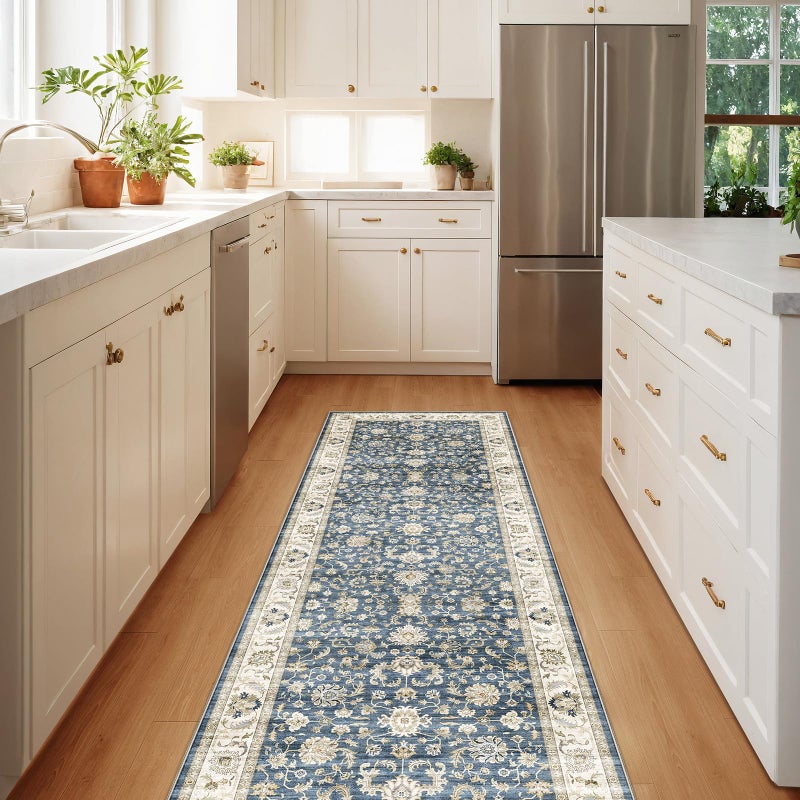 WITSHOCK 2x6 Runner Rugs for Hallway Bathroom Machine Washable Non Slip Vintage Carpet Low Pile Lightweight Print Rug for Kitchen Laundry Room Bedroom Beside Rug Pet Kids Friendly Blue - Image 2