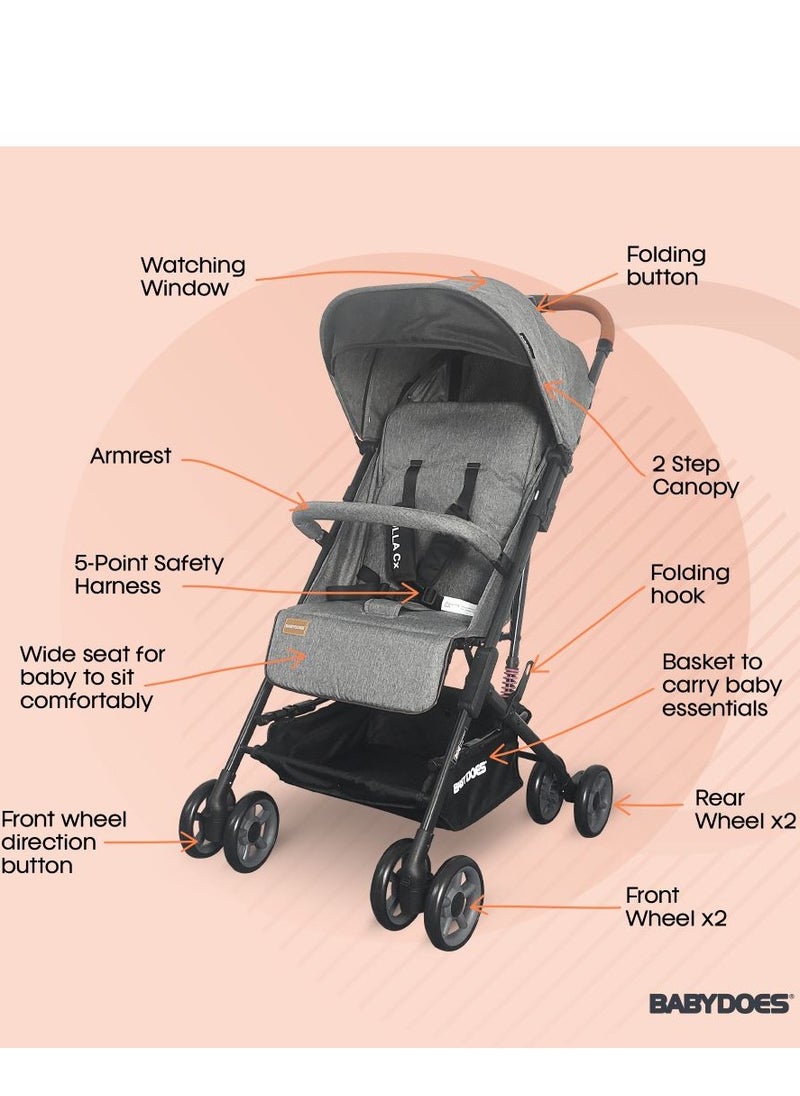 BABYDOES Olla Cx - Baby Stroller, 5-Point Harness, One-Hand Fold, Shock Absorbing Wheels, Air Travel Cabin, 0-4 Years (Up To 20 Kg) - Grey  - Image 2