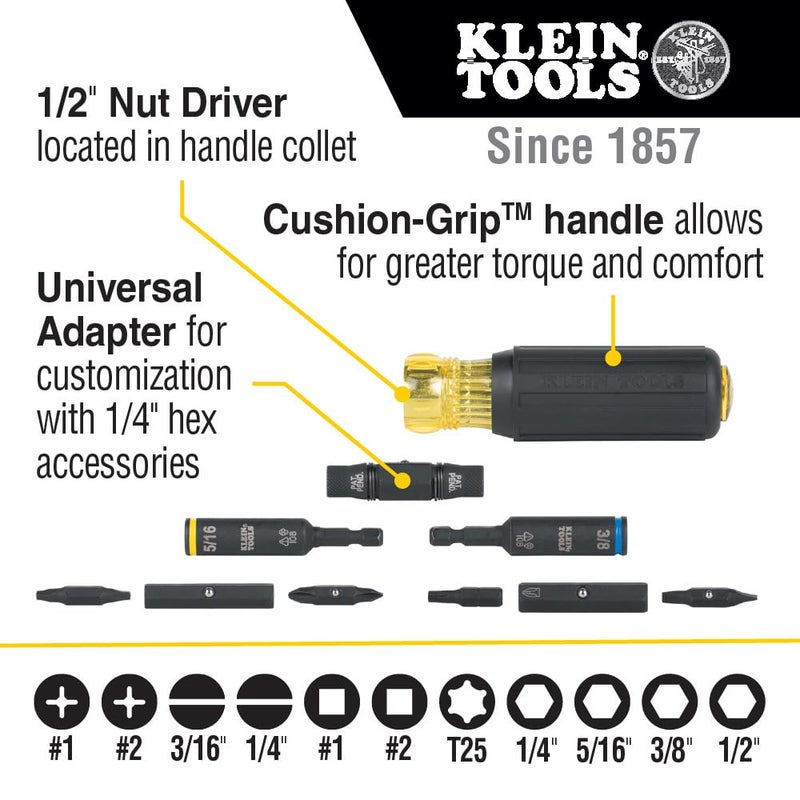 Klein Tools 32500HD Multi-Bit Screwdriver/Nut Driver, Impact Rated 11-in-1 Tool with Phillips, Slotted, Square and Torx Tips - Image 2
