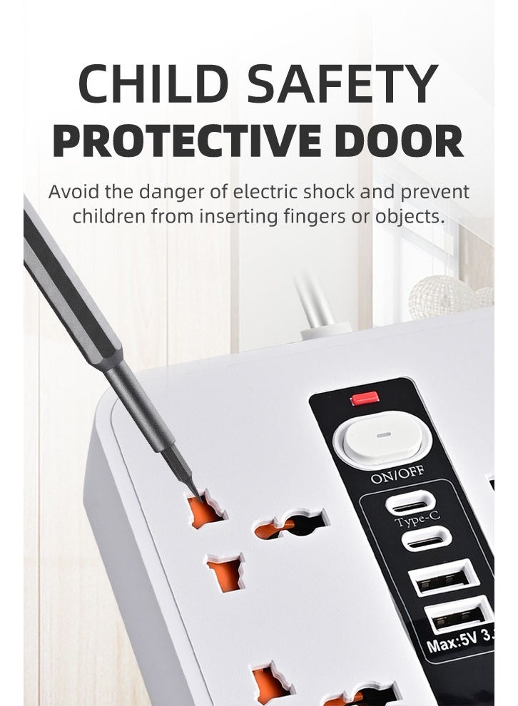 واقي أسلاك الامتداد قطاع الطاقة مع 4 منافذ، 2 منفذ USB-A، 2 منفذ USB-C، منفذ مسطح، محطة شحن USB المكتبية، مثالي لجميع الأجهزة الإلكترونية، أبيض، مع مصباح ليلي - Image 3
