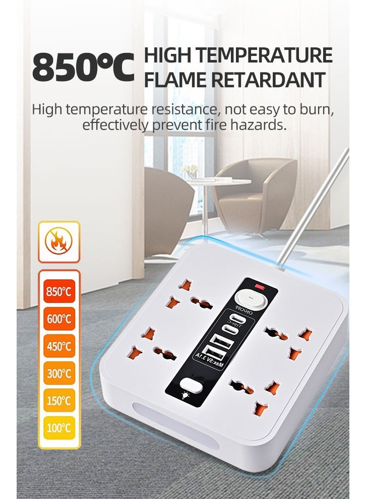 واقي أسلاك الامتداد قطاع الطاقة مع 4 منافذ، 2 منفذ USB-A، 2 منفذ USB-C، منفذ مسطح، محطة شحن USB المكتبية، مثالي لجميع الأجهزة الإلكترونية، أبيض، مع مصباح ليلي - Image 5
