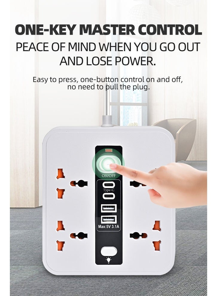واقي أسلاك الامتداد قطاع الطاقة مع 4 منافذ، 2 منفذ USB-A، 2 منفذ USB-C، منفذ مسطح، محطة شحن USB المكتبية، مثالي لجميع الأجهزة الإلكترونية، أبيض، مع مصباح ليلي - Image 4