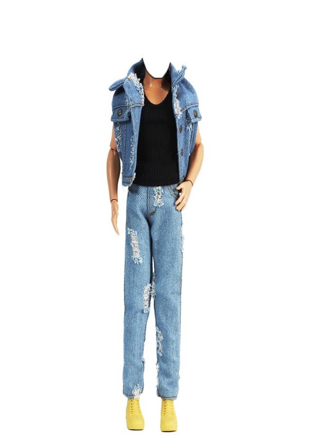 E-TING 3-item Denim Set =Ripped Denim Vest Jacket Set Casual Clothes for 12inches Boy Doll(Not Including Dolls Shoes and Guitar) - Image 2