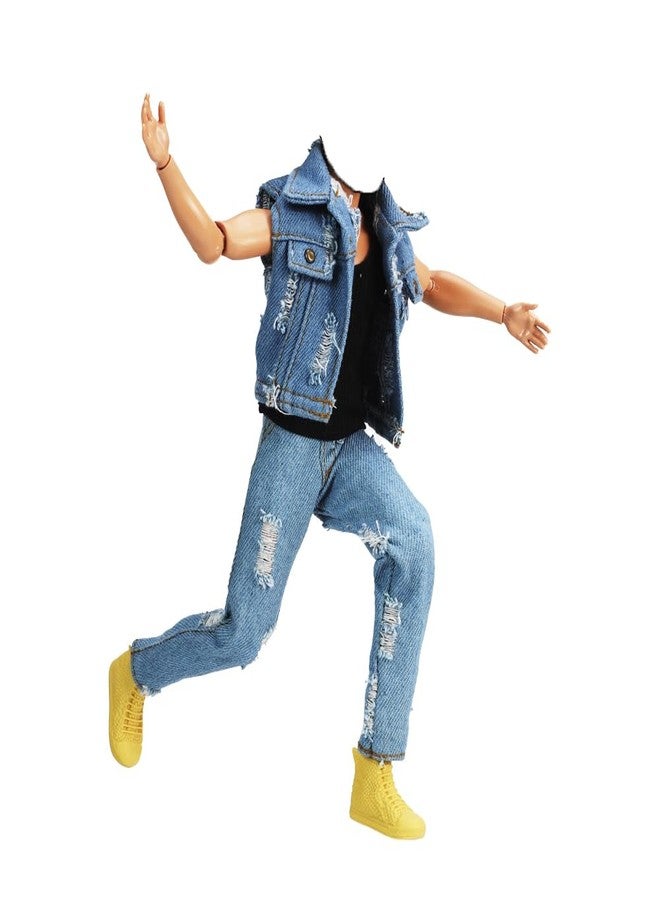 E-TING 3-item Denim Set =Ripped Denim Vest Jacket Set Casual Clothes for 12inches Boy Doll(Not Including Dolls Shoes and Guitar) - Image 1