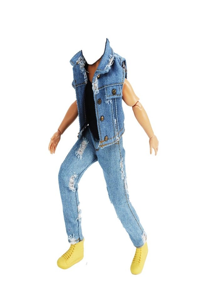 E-TING 3-item Denim Set =Ripped Denim Vest Jacket Set Casual Clothes for 12inches Boy Doll(Not Including Dolls Shoes and Guitar) - Image 3