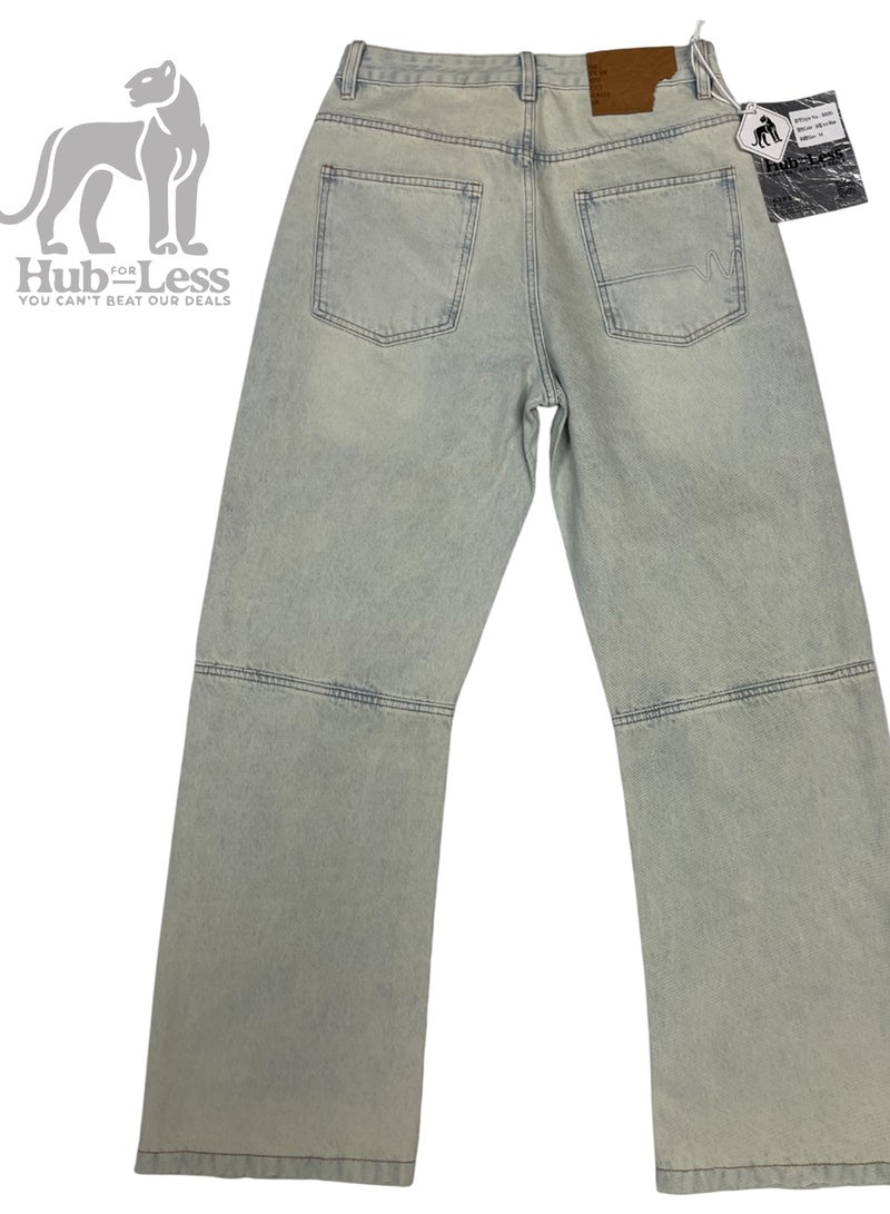 Hub For Less Men's Ultra-Wide Leg Jeans – Monkey & Acid Washed with Side Cut Detailing - Image 1