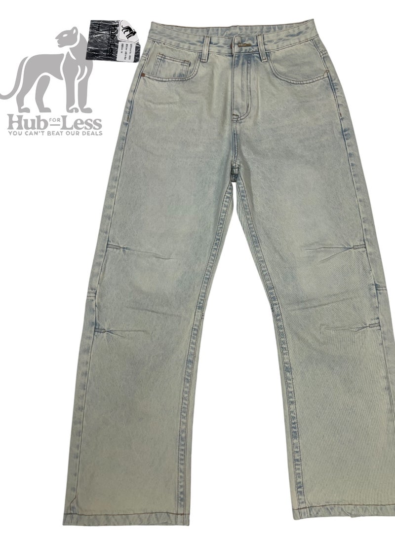 Hub For Less Men's Ultra-Wide Leg Jeans – Monkey & Acid Washed with Side Cut Detailing - Image 2