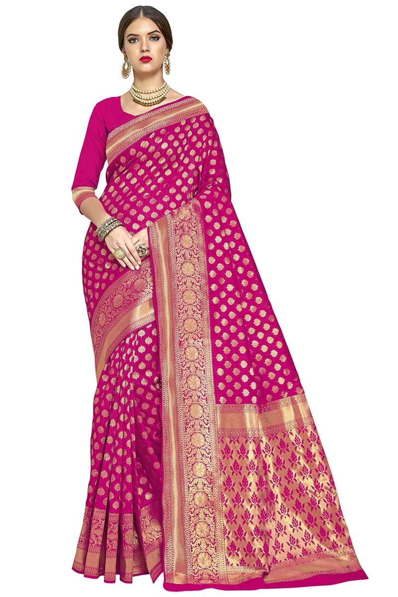 Glory Sarees Women's Woven Pure Soft Kanjivaram Silk Saree Banarasi Style With Blouse Piece for Wedding (kara115pink_Pink) - Image 1