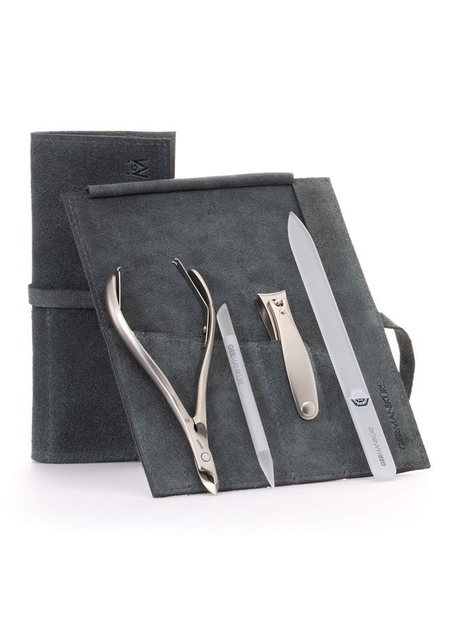 GERMANIKURE 4pc Manicure Set in Light Gray Suede Case - FINOX Stainless Steel Tools Made in Germany, Glass Nail Care Supplies Made in Czech Republic – Professional Cuticle and Nail Care Kit
