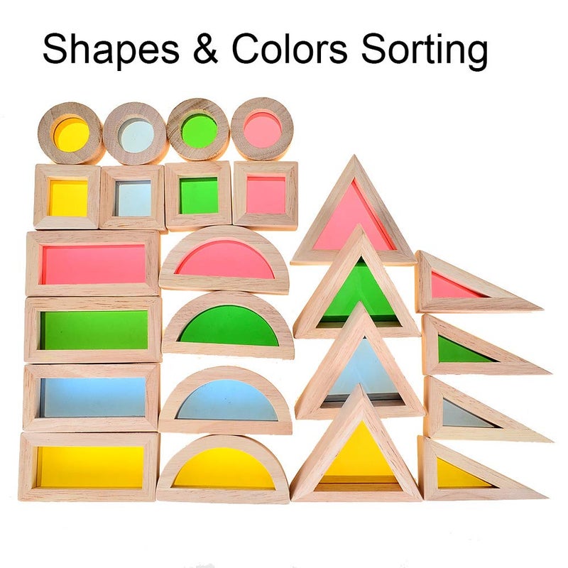 BOHS Rainbow Sensory Blocks (24 pcs) - Wooden Toys for Toddler Gift- Play on Light Table/Sunny Window - Image 5