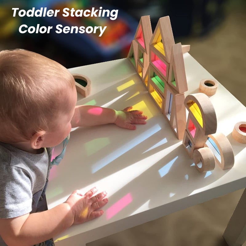 BOHS Rainbow Sensory Blocks (24 pcs) - Wooden Toys for Toddler Gift- Play on Light Table/Sunny Window - Image 3
