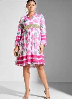 High Neck Floral Printed Pleated Dress