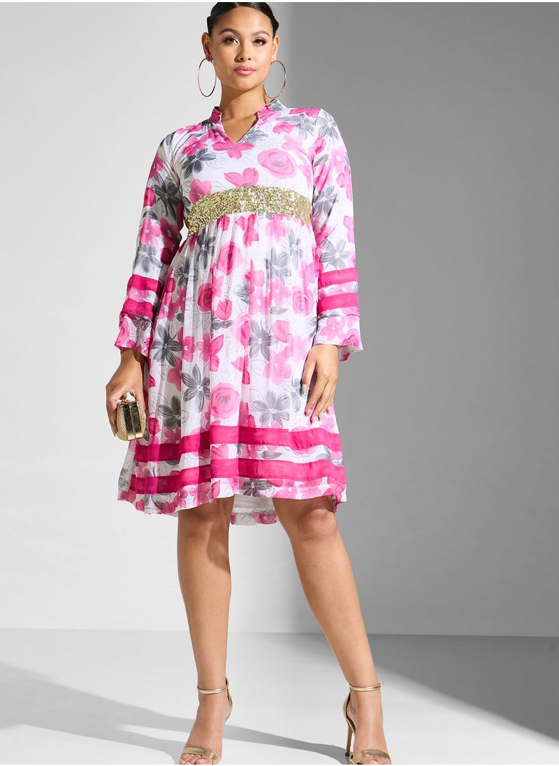 Golden Apple - High Neck Floral Printed Pleated Dress - Image 1